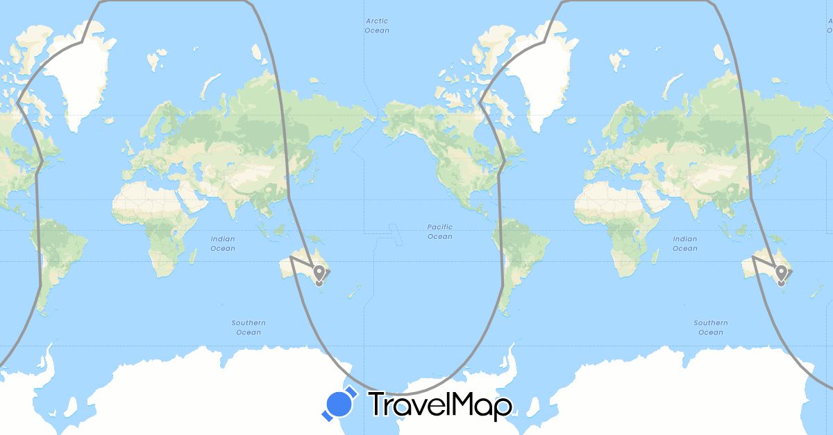 TravelMap itinerary: driving, plane in Australia, Canada, Chile, Greenland, Taiwan, United States (Asia, North America, Oceania, South America)